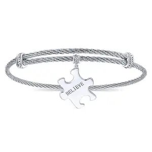 SKA 925 silver bracelet Twisted Cable Stainless Steel Bangle with Sterling Silver Believe Puzzle Piece Charm