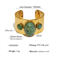 Nouvelle Mode Vintage Style Étanche 18K PVD Plaqué Or Rétro En Acier Inoxydable Turquoise Ouvert Large Bande Anneaux pour Femmes
