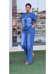Ensemble Coordonné Chic Streetwear en <span class=keywords><strong>Jean</strong></span> pour Femme – Style Vintage Délavé, Coupe Décontractée, Jambes Larges – Tenue d'Été - Product Image 1