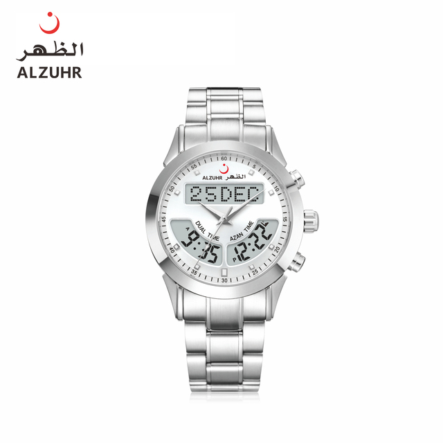 Hot Sell Fashion Azan Watch Classic Stainless Steel Islamic Prayer Dual Time Watch Dual Language ALZUHR602