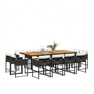 Ensemble de salle à manger de jardin 12 pièces en rotin noir et teck avec coussins crème, mobilier d'extérieur au design contemporain résistant aux intempéries - Product Image 1