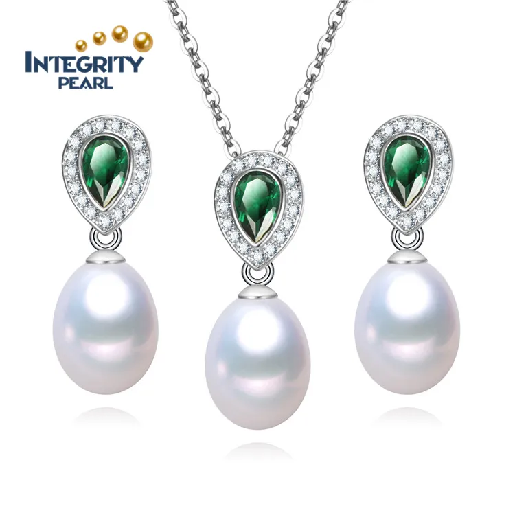 Groene Edelsteen Zoetwater Gekweekte Echte Sterling Zilveren Vrouwen Real Ketting Oorbel Sieraden Indiase Parel Sieraden Set