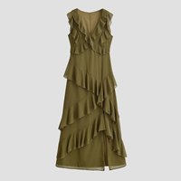 Robe midi chic et décontractée pour femme, nouvelle collection 2026, avec col en V, volants et manches volantées, style rétro.