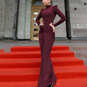 Abito Elegante da Donna Autunnale Ecologico a Collo Alto Manica Lunga Design Traforato per Feste Lungo Aderente Senza Vita Arricciato - Product Image 2