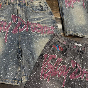 Shorts di Jeans da <span class=keywords><strong>Uomo</strong></span> Estivi Vintage a Gamba Dritta con Strass sull'Orlo Retrò e Vita Media Stile Streetwear Decapato da Produttore di <span class=keywords><strong>Abbigliamento</strong></span> Personalizzato - Product Image 4
