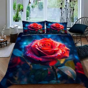 Ensemble de literie 3 pièces avec housse de couette et taies d'oreiller, imprimé numérique 3D de rose en pleine floraison, plusieurs tailles - Product Image 1