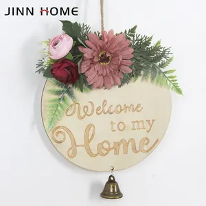 Welcome Wreaths For Front Door Front Door Decor Front Porch Decorations Hanging Sign With Bell Rustic Wood Home Decoration BSCI