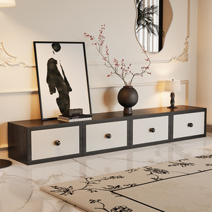 Living Room Cabinet <b>4</b> <b>Drawers</b> <b>Storage</b> Solid Wood And Leather Black White Design - Product Image 4