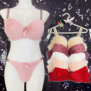 Conjunto de sujetador sexy con aros, sin costuras, de tela afelpada, estilo hipster, con tirantes ajustables, pedrería, transpirable, tallas grandes 46-52, copa C, para mujer - Product Image 3