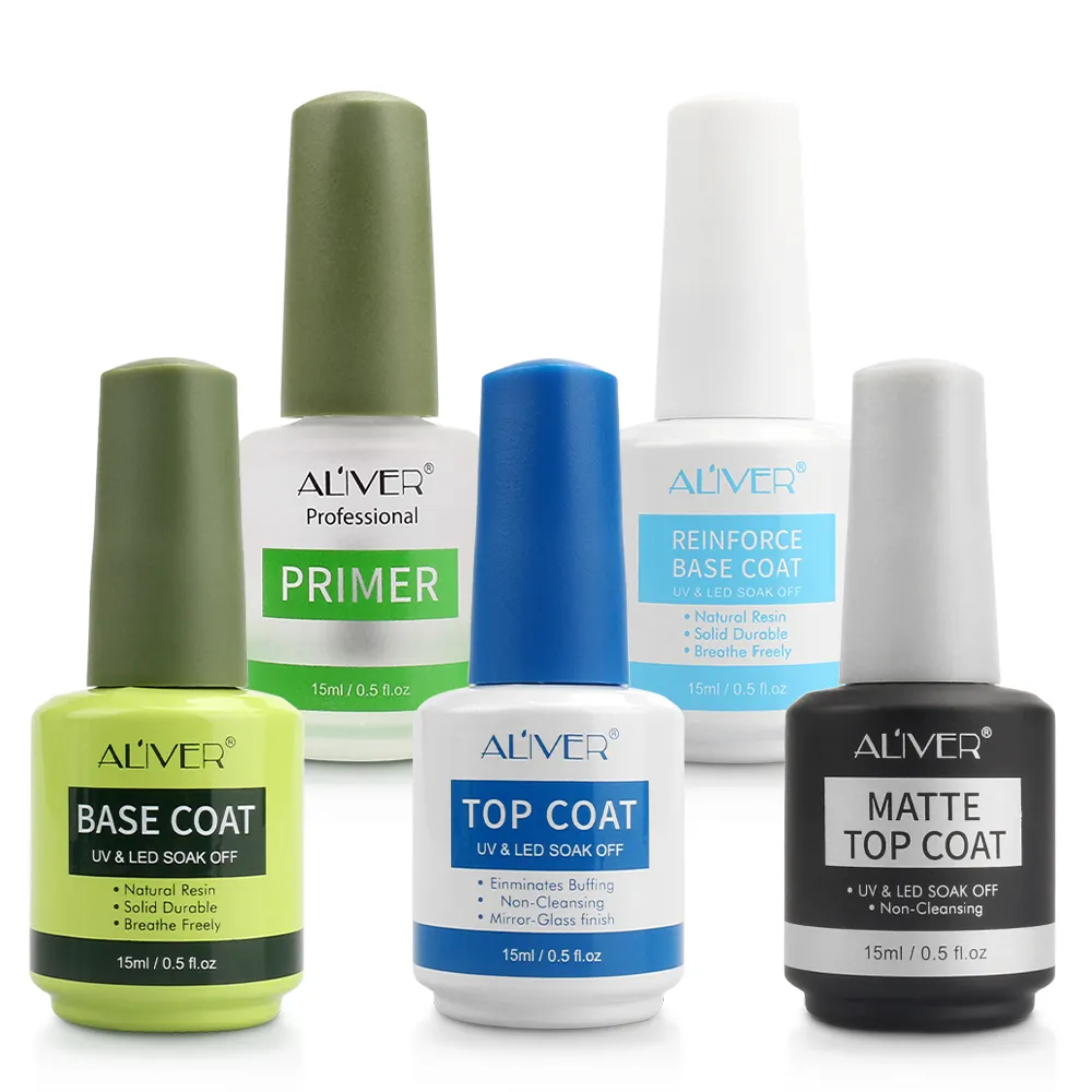 ALIVER Top Coat and Base Coat Soak Off Nail Polish UV Gel LED Nail Primer Gel Varnish Transparent Nail Art Gel Polish