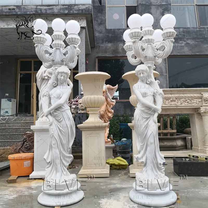 BLVE Life Size Outdoor Garden Decorative Hand Carving Stone Western Woman Statue White Marble Lady Lamp Sculpture