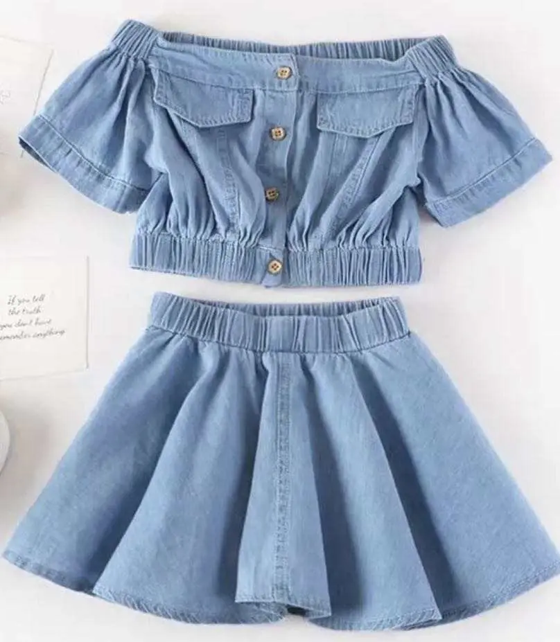 Fashion girls summer clothes matching denim blue kids skirt suit boat neck top and jeans skirt set
