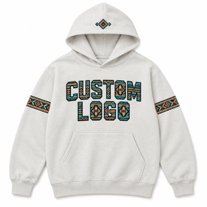 Felpe con Cappuccio OEM 400 GSM con Logo, Colore Avorio, Pesanti, da Uomo, con Stampa Geometrica e Lettere in Stile Sud-Occidentale, Streetwear - Product Image 1