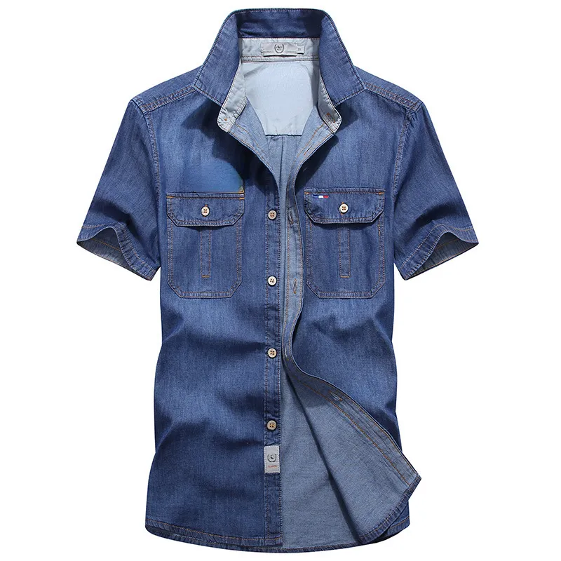 Wholesale Oem Custom Deep Blue Fashion Solid Color Pocket Jeans Shirt Design Short Sleeve Man Denim Shirts