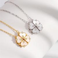 Kalung Liontin Hati CZ Berlapis Emas 18k 2-in-1 Lipat dengan Cangkang Mutiara dan Magnet Berbentuk Semanggi Berdaun Empat, Perhiasan Keberuntungan untuk Wanita