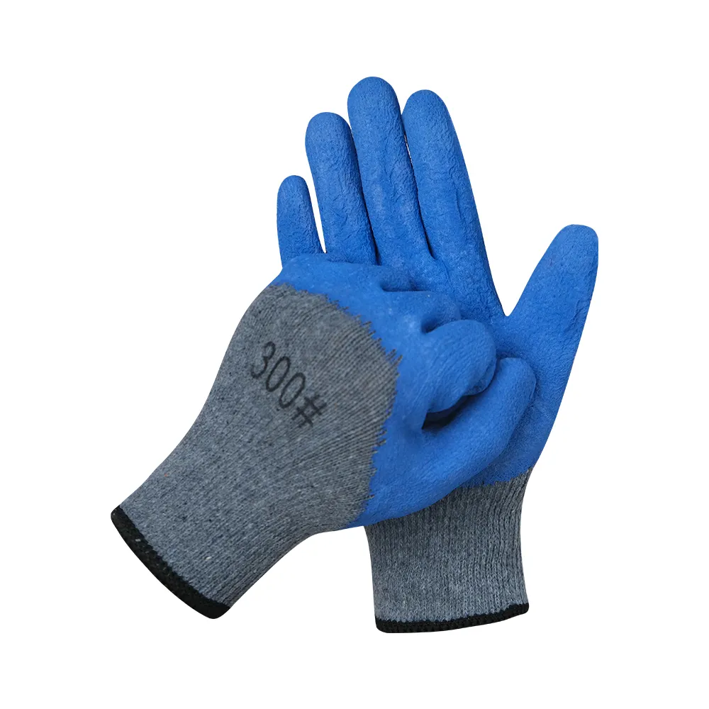 Gray Cotton Liner Blue Rubber Wrinkle Safety Work Glove Durable Wear Anti-Slip Labor Gloves