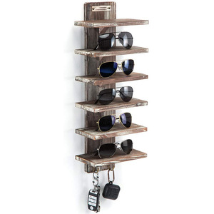Rustic Wood Wall Mount Sunglasses Organizer 6 Tiers Rack with 2 Hooks Glasses Storage Box Display Cabinet for Jewelry Watches