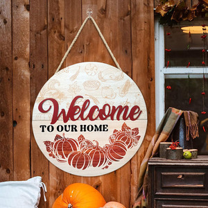 Wooden Welcome Sign Round Doorplate Thanksgiving Home <b>Decor</b> Hanging Item <b>White</b> Circular <b>Pumpkin</b> Theme - Product Image 2