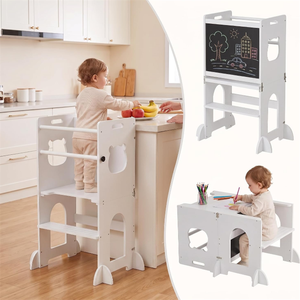 Wholesale <b>Foldable</b> Montessori Learning Tower 4-in-1 Toddler Kitchen <b>Step</b> Stool with Blackboard - Product Image 1