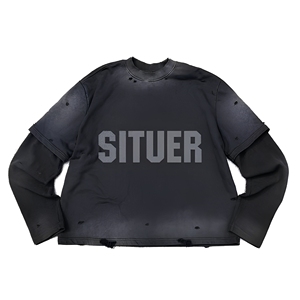 เสื้อยืดแขนยาวผ้าวาฟเฟิลคอตตอน 100% สกรีนโลโก้ตามสั่ง ขายส่ง ทรงโอเวอร์ไซส์ ลุควินเทจ ย้อมสีแบบแอซิดวอช ผ้าหนา แต่งดีเทลขาดๆ สำหรับผู้ชาย - Product Image 1