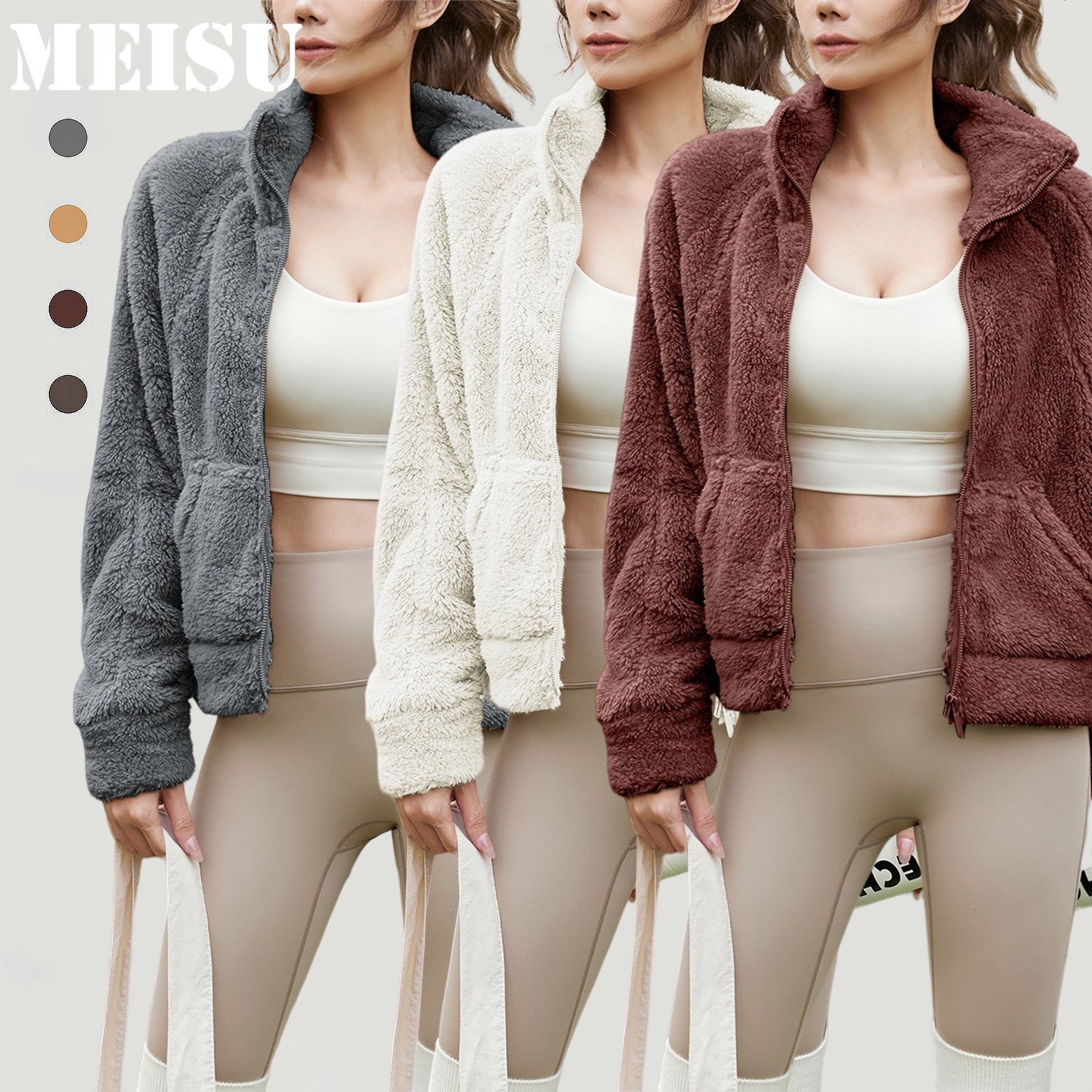 MEISU Plush Polar Fleece Sports Jacket Loose Thickened Yoga Top Long Sleeve Lamb Fleece Zipper Yoga Clothes for Women