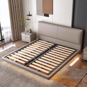 Итальянская кожаная современная простая двуспальная кровать от края до края подвесная кровать с сенсорным освещением для главной спальни - Product Image 1