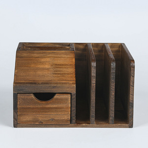 Wooden Stationery <b>Storage</b> Rack With <b>Drawers</b> Rectangle Desktop Organizer For Office Home Use Natural Black Color - Product Image 3