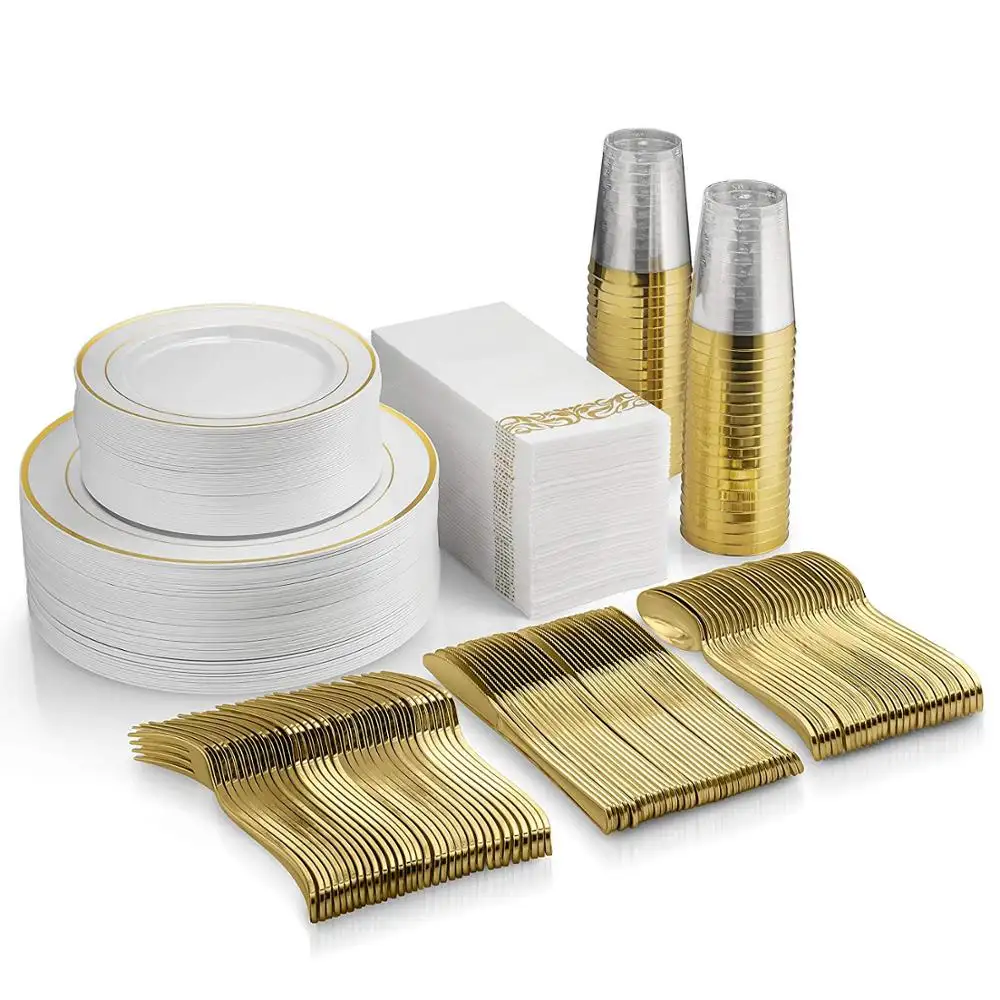 Gold Disposable Dinnerware Set Gold Rim Plastic Plates Plastic Silverware Plastic Cups Paper Napkins