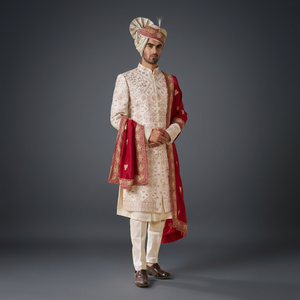 STUNNING RESHAM THREADS EMBROIDERY on ROSE GOLD GROOM SHERWANI and <b>PANT</b> WITH EMBELLISHED CRYSTAL GLASS BEADS,DABKA WORK = 2024 - Product Image 3