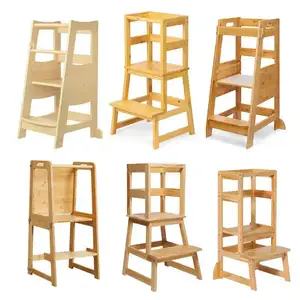 Bamboo children's step stool height adjustable children's kitchen study stool wooden learning tower