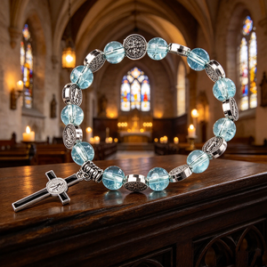 Collier religieux catholique en bois avec perles et croix plaquée argent, en alliage ABS/Zinc, mini perles phosphorescentes, vente en gros, pièce maîtresse - Product Image 3