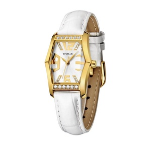 Reloj de Cuarzo MIGE para Mujer, Dorado, con Correa de Cuero Blanca, Esfera Analógica, Detalles de Diamantes, Estilo Elegante y Moderno - Product Image 1