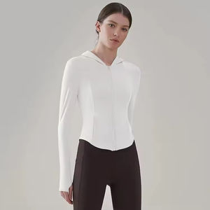 Custom Women's Running Sports Thumb Hole Zipper Gym <b>Jacket</b> Long Sleeve Quick Dry Cropped Top Fitness <b>Yoga</b> <b>Jacket</b> With Hood - Product Image 2