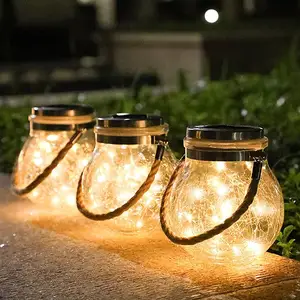 Solar Lantaarn Outdoor Opknoping Led Mason Jar Licht Crack Glazen Fles Mason Jar Solar Tuin Licht Henneptouw Opknoping Lichten