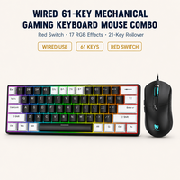Clavier de jeu mécanique 61 touches et souris filaires, interrupteurs rouges, câble détachable, anti-ghosting 21 touches pour PC Gamer