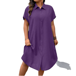 Robe chemise décontractée d'été pour femme, violette unie, à manches courtes, longueur midi, coupe ample, col rabattu, boutonnée sur le devant - Product Image 1