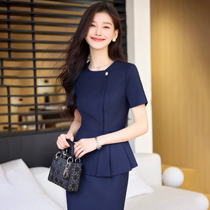 Elegant Navy Blue Peplum Dress O-Neck Short Sleeve Professional Career Wear Women's <b>Work</b> Uniform Summer Slim Fit - Product Image 1