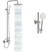 Système de douche thermostatique 2 fonctions en acier inoxydable chromé brossé avec robinets de bain et de douche, mitigeur eau chaude et froide à effet pluie et jet apparent