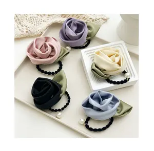 Vintage Fashion Flower Hair Elastic Scrunchies Satin Rose Flower Elegant Hair Ties For Women Hair Accessories