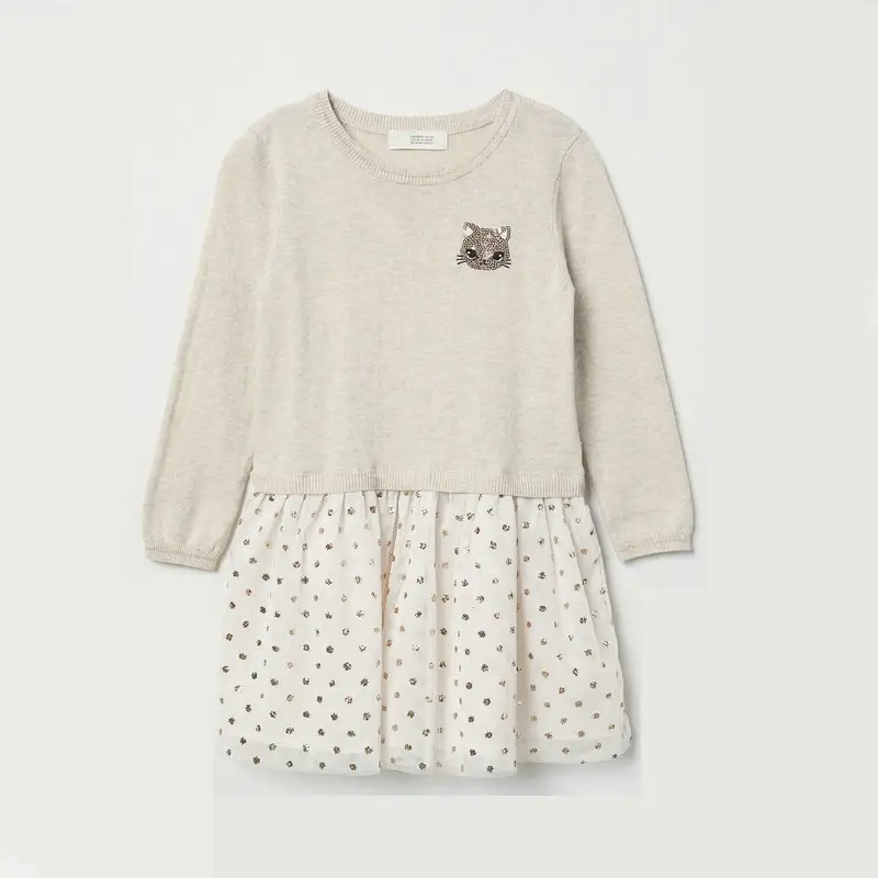 Custom girl knitwear Sequin embroidered kitted sweater skirt and knit cotton dress Princess skirt stitching dress