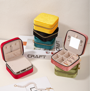 EVERWIN Customize Decoration Square Mini Travel Velvet Jewelry Storage Display Case With Mirror Zipper - Product Image 1