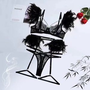Feather Decor Sexy Lingerie 3Pcs Set Rhinestone Chain Floral Lace Bra Garter Belt <b>Thong</b> Women Intimate Underwear Wholesale - Product Image 5