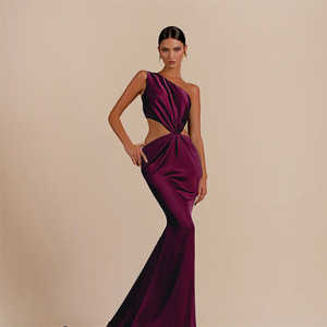 Abito da Sera Monospalla con Aperture per Donna 2025, Vestito in Raso con Schiena Scoperta, Gonna Ampia <span class=keywords><strong>Rosso</strong></span> Vino, Abito Lungo Aderente da Festa - Product Image 1