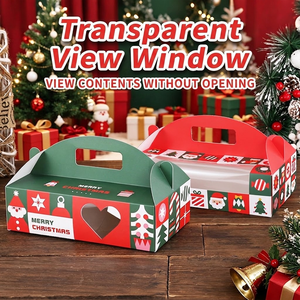 Boîte cadeau de Noël plate personnalisée avec poignée, boîte d'emballage de Noël verte et rouge, boîte pliable avec poignée pour biscuits, pâtisseries, cadeaux - Product Image 4