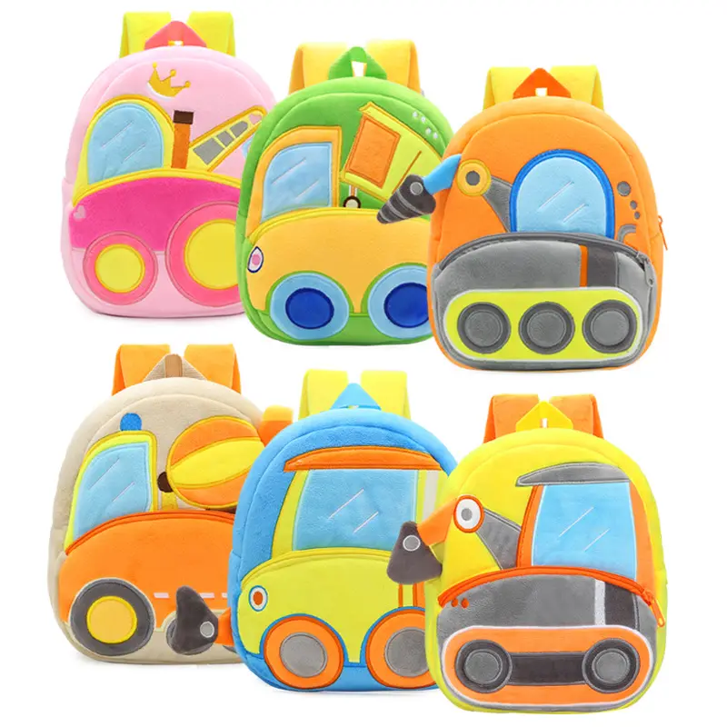 12 Styles Cartoon Truck Plush Backpacks Mini Plush School Bags Excavator Lorry Crane Road Roller Kids Bags for Boys