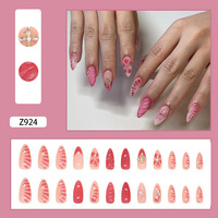 Faux ongles en acrylique en forme d'amande avec logo personnalisé, 24 pièces, effet 3D, motif de fleurs mignonnes, ongles à presser avec strass, vente en gros