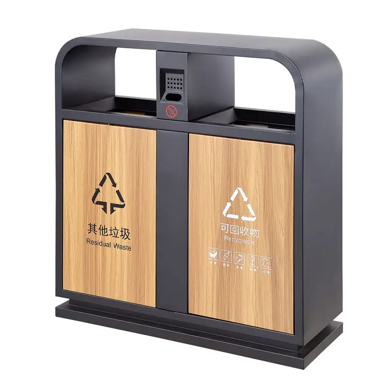 outdoor wooden double trash cans outside park street garbage sorting bin public large 2 compartment waste recycle bin