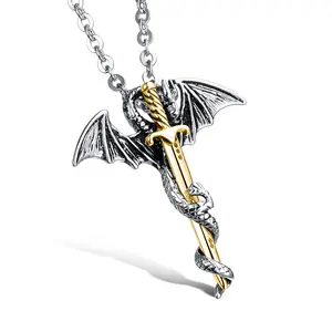 European and American trendy men's rock fashion wing dragon gold sword men's titanium steel necklace
