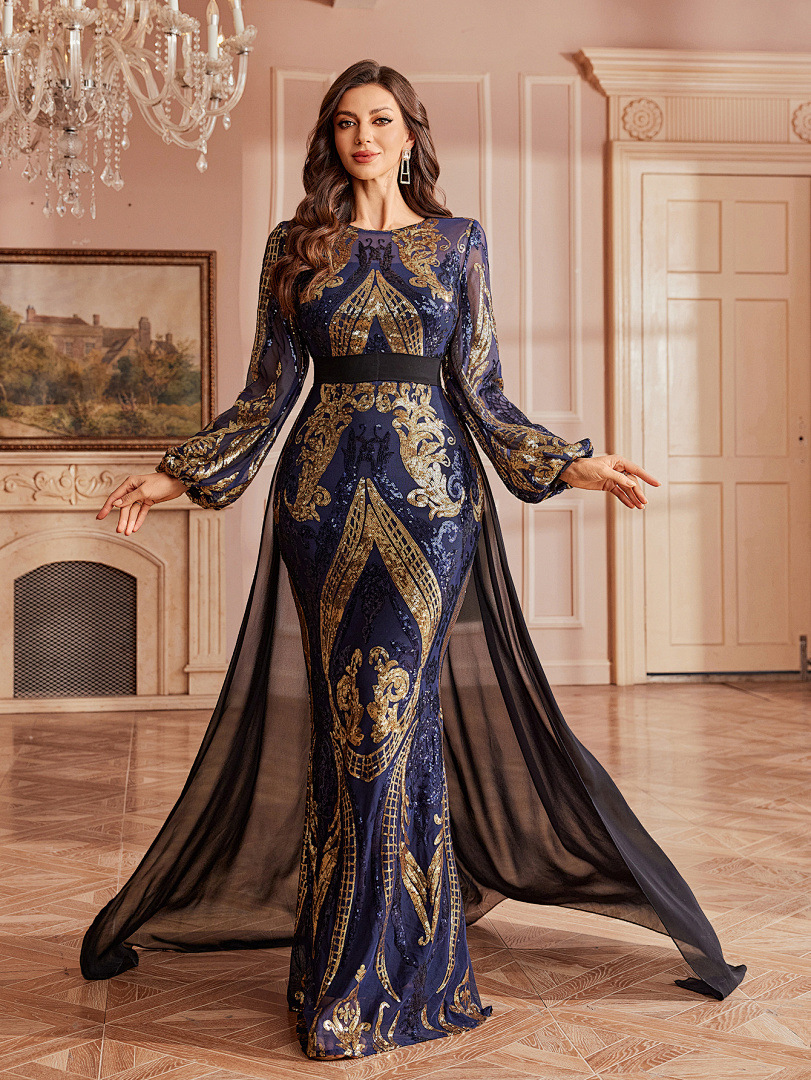 blue and gold mermaid dress Rhinestone Royal Blue Stretchy Sequin Mermaid Fringe Prom Dress main image 1