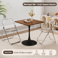 Table basse moderne Tulip avec piétement, 2 chaises pliantes en acrylique transparent, meubles de salon durables, écologiques et peu encombrants